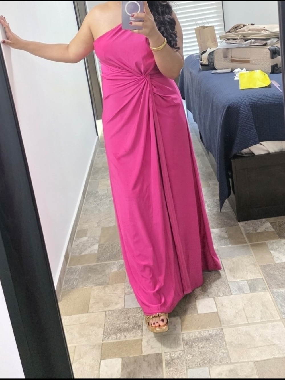 Elegant One-Shoulder Fuchsia Twist-Detail Maxi Dress